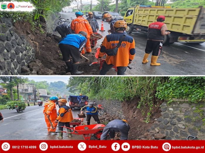 Hujan Deras yang Kembali Guyur Kota Batu Akibatkan Plengsengan di Jalan Giripurno Longsor