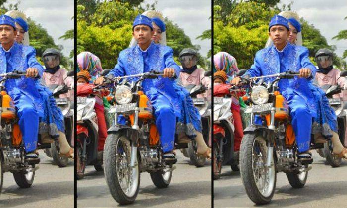 Unik, Sepasang Pengantin di Tuban Naik Motor Klasik Menuju Kursi Pelaminan 