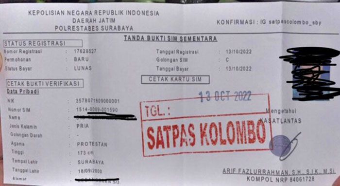 ​Material SIM Habis, Satpas Colombo Surabaya Ganti dengan Surat Keterangan