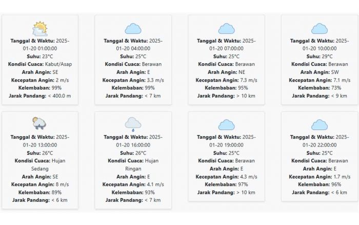 Cuaca Tulungagung Hari ini Senin, 20 Januari 2025: Diperkirakan Kabut/Asap dengan Suhu 23-29 °C