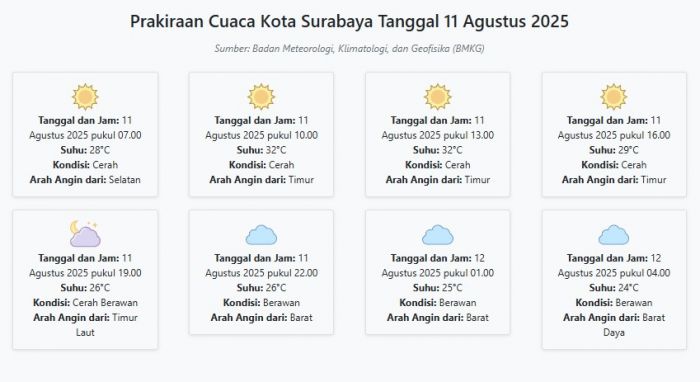 Prakiraan Cuaca Kota Surabaya Hari ini Senin, 11 Agustus 2025: Suhu 24-32°C, Kecepatan Angin 10.4 m