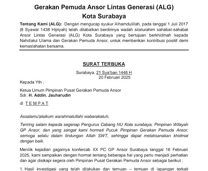 ALG Kirim Surat Terbuka Desak Ansor Pusat Ambil Alih Kepengurusan PC Surabaya, Begini Isinya