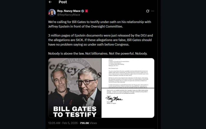 Anggota DPR Amerika Serikat Desak Bill Gates Bersumpah Atas Dokumen Epstein