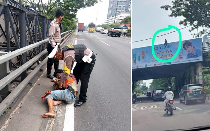 Usai Bertengkar dengan Istri, Pria ini Naik ke Billboard Tol Satelit Surabaya Mau Bunuh Diri