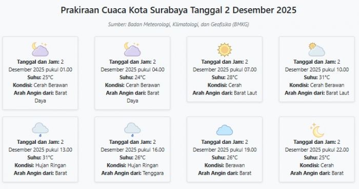 Cuaca Kota Surabaya Hari ini Selasa, 2 Desember 2025: Diperkirakan Cerah Berawan dengan Suhu 24-31°C