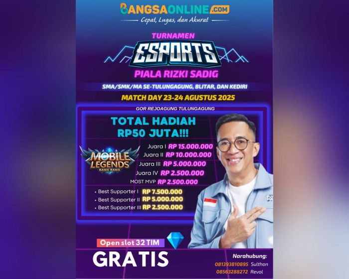 Asyik, Total Hadiah Ditambah Jadi Rp50 Juta! Ayo Daftar Turnamen Pelajar MLBB Piala Rizki Sadig Asyik, Total Hadiah Ditambah Jadi Rp50 Juta! Ayo Daftar Turnamen Pelajar MLBB Piala Rizki Sadig