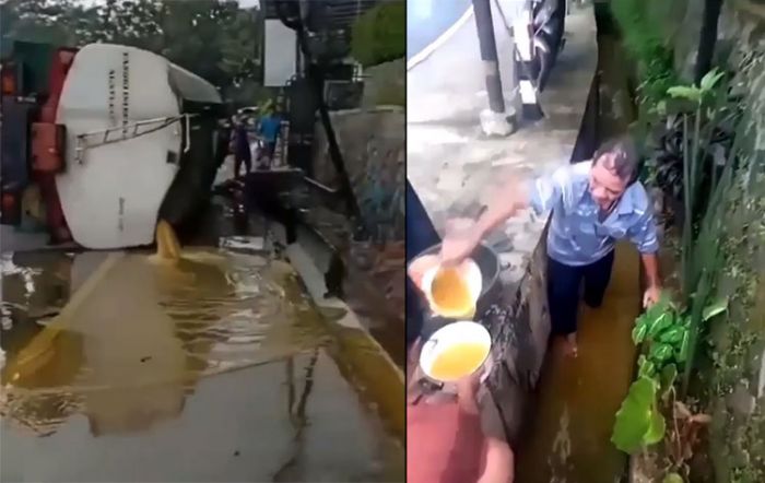 Truk Tangki Terguling di Ciamis, 14 Liter Tumpah Ruah di Jalanan Hingga Selokan