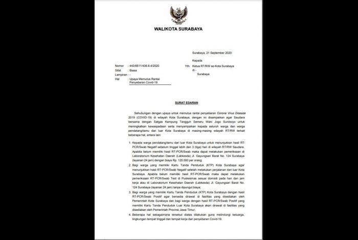 Perketat Pencegahan Covid-19, Pemkot Surabaya Terbitkan Surat Edaran ke RT/RW