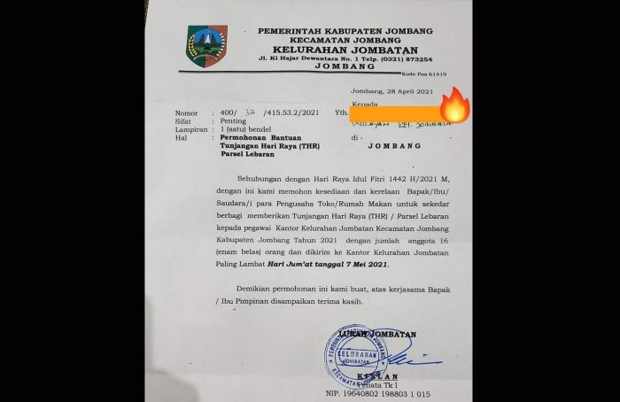 Heboh, Surat Kelurahan Jombatan Jombang Minta THR ke Pengusaha