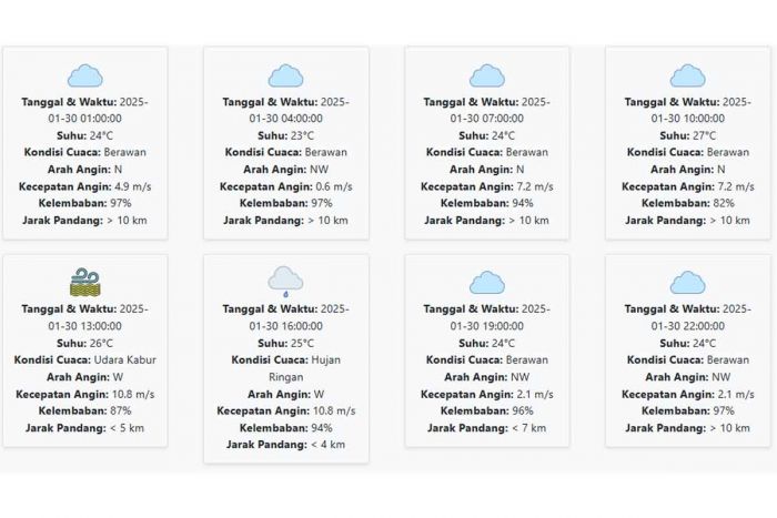 Cuaca Kota Madiun Hari ini Kamis, 30 Januari 2025: Diperkirakan Hujan Ringan dengan Suhu 23-27 °C