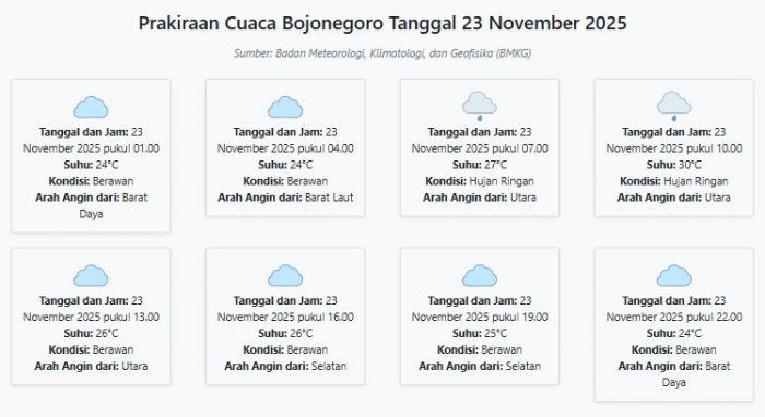 Prakiraan Cuaca Bojonegoro Hari ini Minggu, 23 November 2025: Suhu 24-30°C, Kecepatan Angin 13.3 m/s