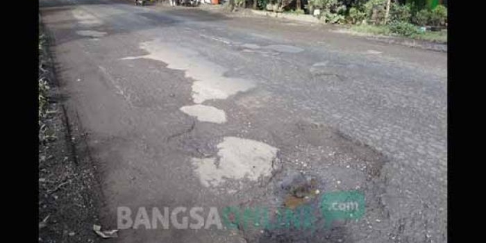 Salah satu kondisi jalan nasional yang berlubang di Jl Basuki Rahmat Kabupaten Jombang. foto: RONY S/ BANGSAONLINE