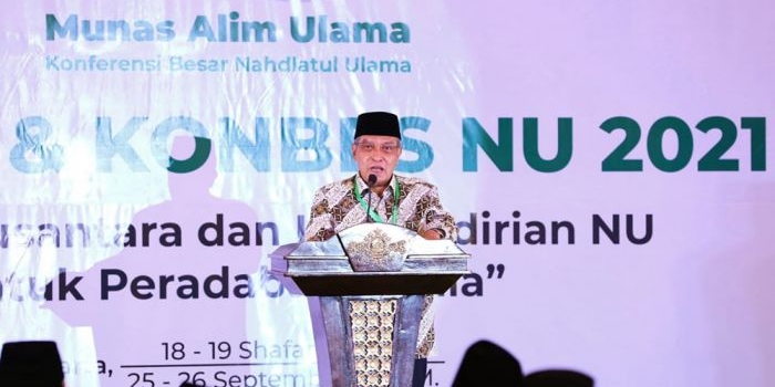  Ketua Umum PBNU, Said Aqil Siradj, saat memberikan sambutan Musyawarah Nasional Alim Ulama dan Konferensi Besar  Nahdlatul Ulama (Munas-Konbes NU) 2021