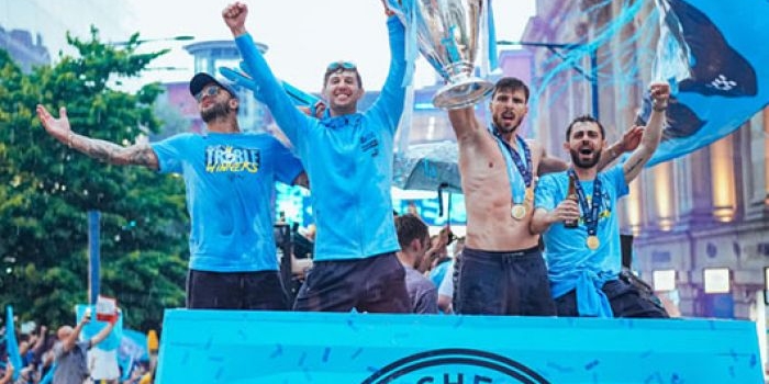 Pemain Manchester City merayakan juara Liga Champions 2022-2023. 