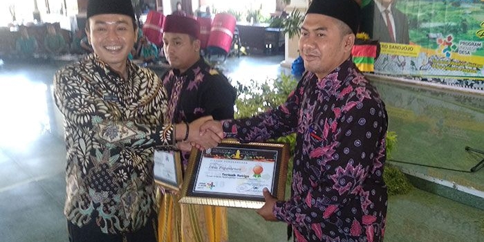 Bupati saat memberikan penghargaan bagi desa yang berprestasi, yakni Desa Waru Barat dan Desa Pegantenan.