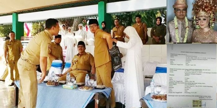 Zaenab Zuraibah saat membukakan jaket kulit suaminya (Bupati Bangkalan, R. Abdul Latif Imron) di Alun-alun Bangkalan ketika menghadiri Simulasi Manasik Haji TK-PAUD, Senin (29/07/2019). Inset: Foto Bupati Bangkalan yang melangsungkan pernikahan (kanan atas), dan surat pernyataan bersedia dimadu (bawah) yang beredar di medsos. foto: FAUZI/ BANGSAONLINE