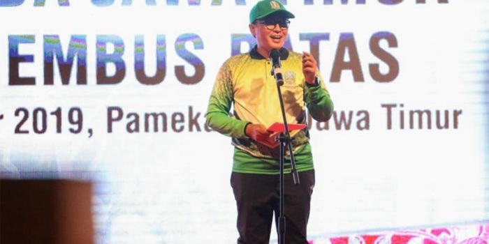 Bupati Pamekasan Baddrut Tamam saat menyampaikan sambutan dalam pembukaan Jambore Pemuda Jawa Timur 2019 di area Arek Lancor Kabupaten Pamekasan.