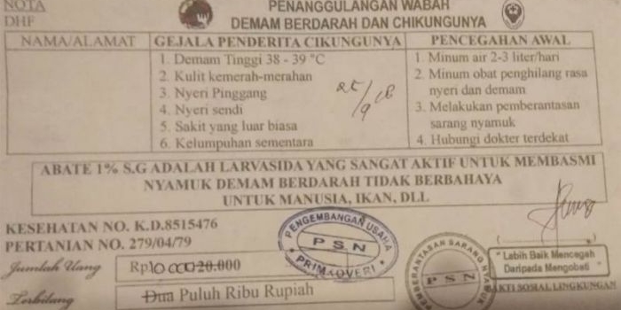Bukti penarikan sumbangan sukarela penanggulangan penyakit demam berdarah yang mengatasnamakan Dinkes Pacitan.
