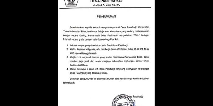 Pengumuman dari Pemdes Pasirharjo mengenai Wifi gratis. (foto: ist).