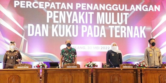 Gubernur Jawa Timur Khofifah Indar Parawansa bersama jajaran Forkopimda Jatim kembali menggelar Rapat Kordinasi (Rakor) Percepatan Penanggulangan Penyakit Mulut dan Kuku (PMK) pada hewan ternak, di Ballroom Hotel Grand Mercure Kota Malang, Senin (30/5/2022).