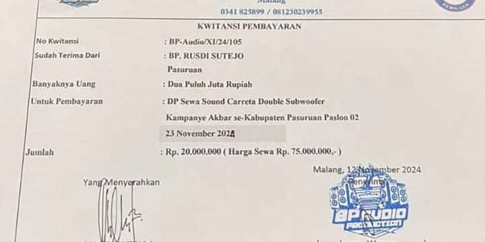 Salah satu kuitansi untuk penyewaan sound horeg di Kabupaten Pasuruan.