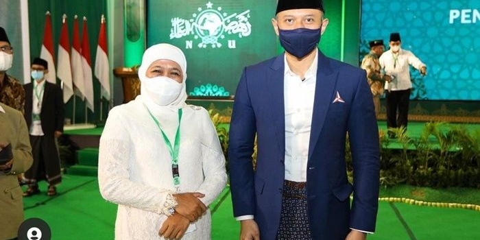 Agus Harimurti Yudhoyono, Ketua Umum DPP Partai Demokrat bersama Gubernur Khofifah saat menghadiri resepsi pelantikan Pengurus Besar Nahdlatul Ulama (PBNU) di Balikpapan, Kalimantan Timur (Kaltim). foto: istimewa