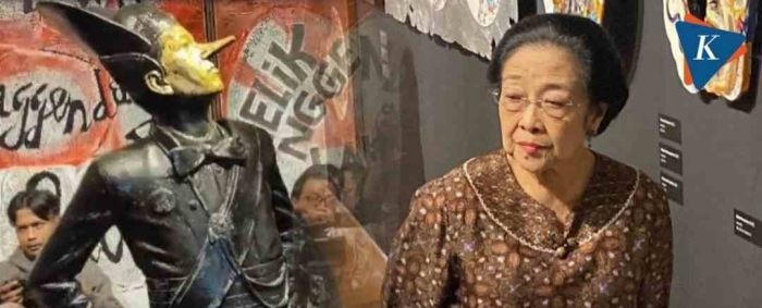 Patung kurus hidung panjang karya Butet Kartaredjasa jadi perhatian pengunjung, termasuk Megawati Soekarnoputri. Tampak patung itu dikerubuti pengunjung di area pameran seni rupa bertajuk 