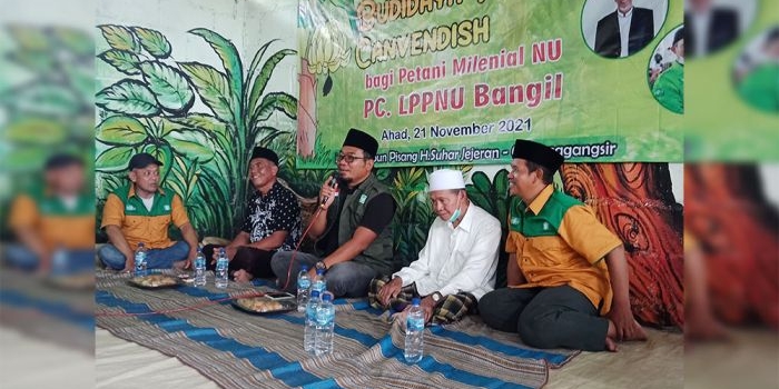 Ahmad Yani (pegang mik) saat memberikan materi dalam pelatihan budi daya pisang cavendish. Tampak di sampingnya, KH. Abd Rokhim (Rais Syuriah PCNU Bangil) dan Winaryo (Ketua LPPNU Bangil). foto: AHMAD FUAD/ BANGSAONLINE