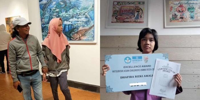 Dhafira Rizki Amalia (foto kanan) menunjukkan piagam penghargaan yang diraihnya.