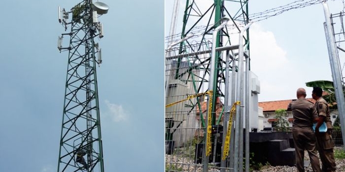 Tower milik PT. Protelindo di Kelurahan Semampir, Kecamatan Kota Kediri mulai dibongkar oleh Satpol PP Kota Kediri bersama tim. foto: MUJI HARJITA/ BANGSAONLINE