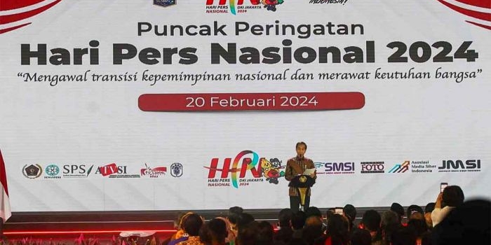 Presiden Jokowi saat memberi sambutan dalam puncak peringatan HPN 2024.