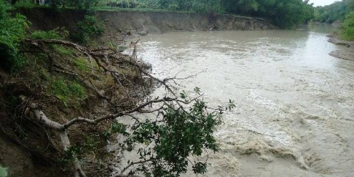 LONGSOR: Tebing Kaligandong di Desa/Kecamatan Purwosari, Kabupaten Bojonegoro, longsor. Puluhan rumah di dekat longsoran terancam terseret ke dalam sungai. Foto: Eky Nurhadi/BangsaOnline.com
