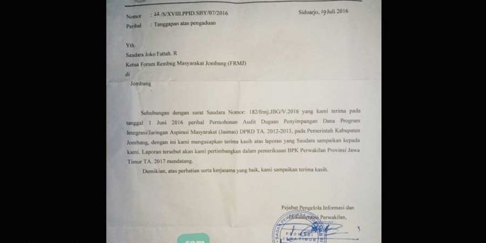 Surat balasan dari BPK kepada FRMJ tentang rencana audit dugaan penyelewengan Jasmas DPRD Jombang. foto: ROMZA/ BANGSAONLINE