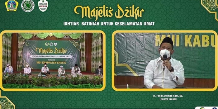 Bupati Gus Yani bersama para kiai dan habaib saat mengikuti doa bersama. foto: SYUHUD/ BANGSAONLINE.com