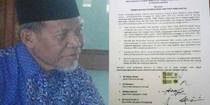KH Makmun Mazhar, dan surat pernyataan 7 Rais Syuriah PCNU se-wilayah Provinsi Banten yang mengaku tak pernah tandatangan mosi tak percaya. foto: istimewa
