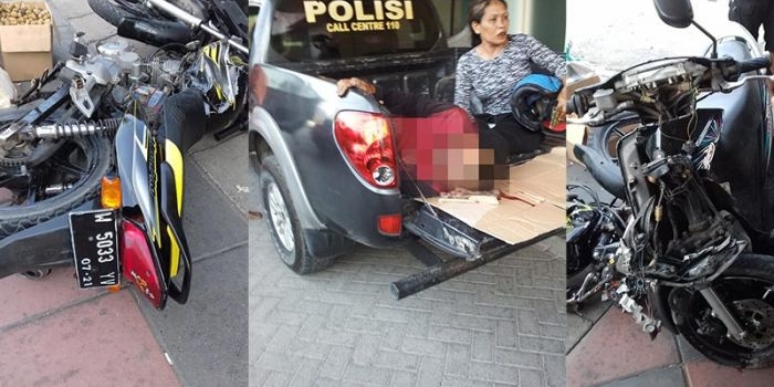 Kondisi kedua motor usai kecelakaan dan korban Saekan Urip saat hendak dievakuasi.