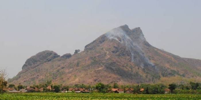 Tampak asap yang ditimbulkan dari kebakaran Gunung Budeg. foto: feri/BANGSAONLINE