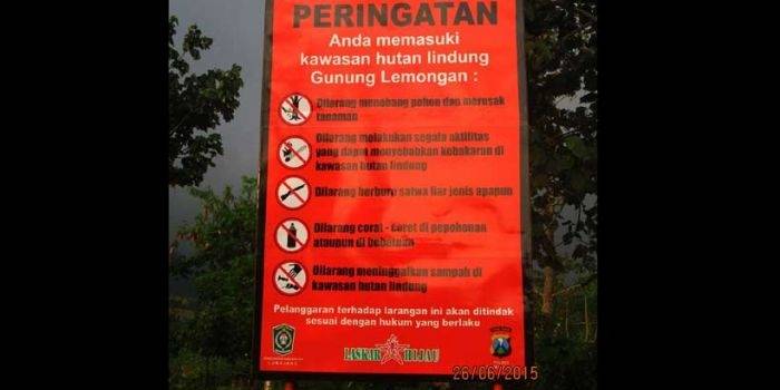 Papan imbauan di Gunung Lemongan Lumajang. (foto: imron/BANGSAONLINE)