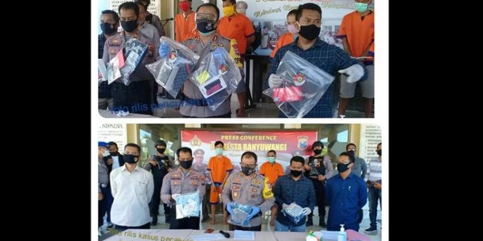 Kapolresta Banyuwangi, Kombes Arman Asmara Syarifudin saat menunjukan barang bukti kasus pencabulan dan pencurian hp.