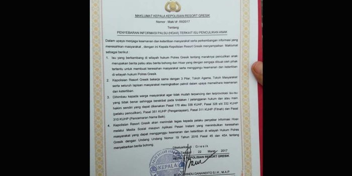 Maklumat yang dikeluarkan Kapolres Gresik menyikapi isu penculikan anak. foto: SYUHUD/ BANGSAONLINE