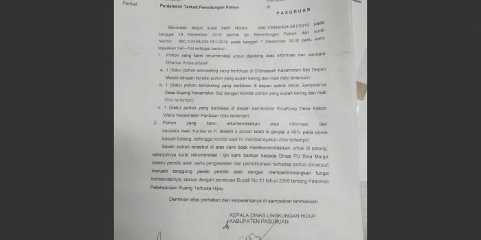Surat penjelasan yang dikeluarkan oleh DLH untuk DPU Bina Marga Pasuruan. Surat tersebut berisi penjelasan rekom jumlah pohon yang ditebang.
