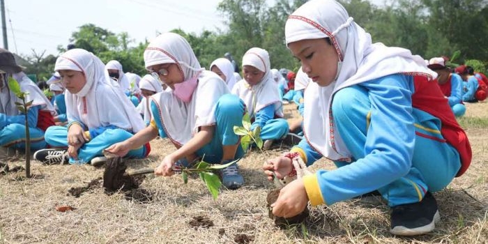 Siswa SD Al Muslim menanam bibit mangrove di Ekowisata Mangrove Wonorejo Surabaya, Senin (9/1/2023). foto ist