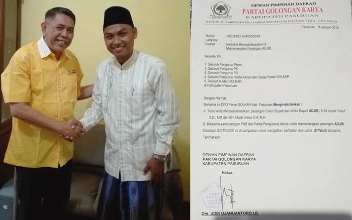 Drs Udik Djanuantoro IR dan M. Ashari Hasan (foto kiri), serta surat pernyataan sikap ketua DPD Partai Golkar Kabupaten Pasuruan (foto kanan).
