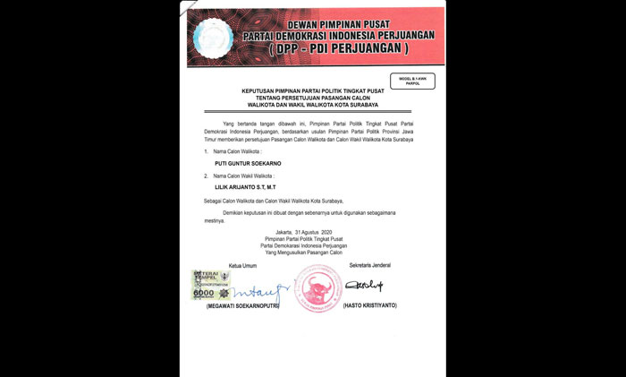 Surat rekom DPP PDI Perjuangan atas nama Puti Guntur Soekarno - Lilik Arijanto, S.T., M.T. yang beredar di media sosial. foto: istimewa