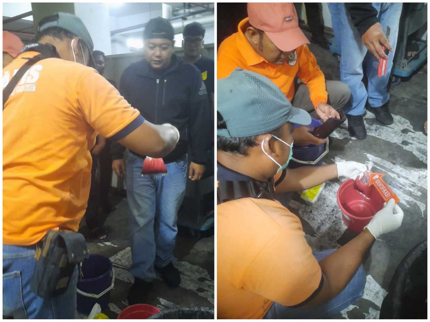 Anggota Polsek Rungkut saat mengidentifikasi temuan yang diduga janin di tong sampah Apartemen Gunawangsa Merr
