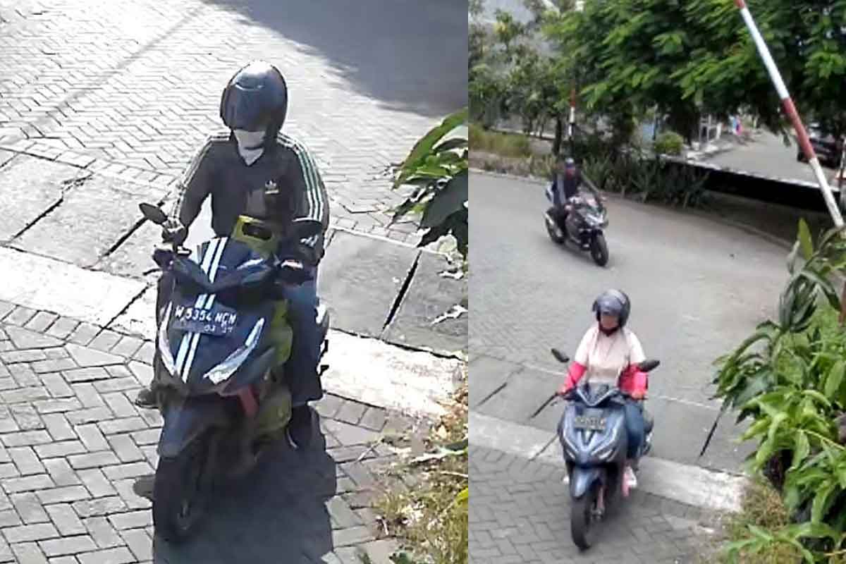 Tangkapan layar rekaman CCTV kedua pelaku penjambretan dan pencurian tabung gas elpiji di Perumahan Citra Fajar Gold, Sidoarjo.