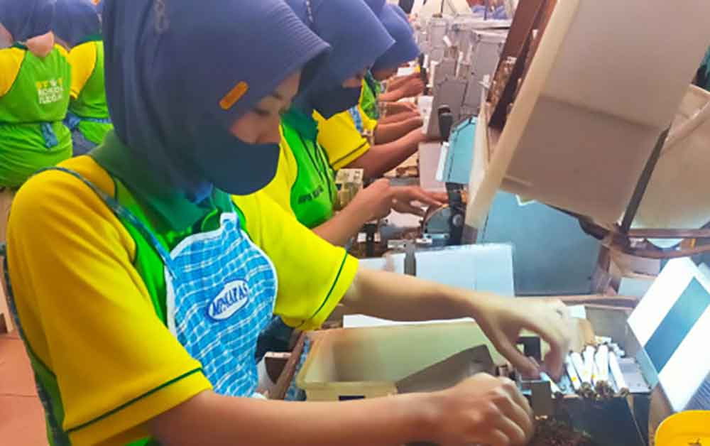 Buruh rokok di Bojonegoro sedang melinting rokok.