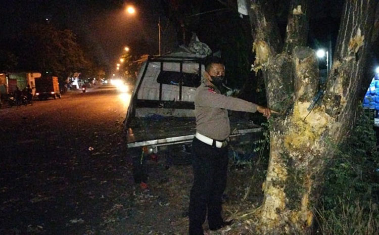 Pikap Tabrak Pohon di Krian, Bagian Depan Rusak Berat, Pengendara Selamat