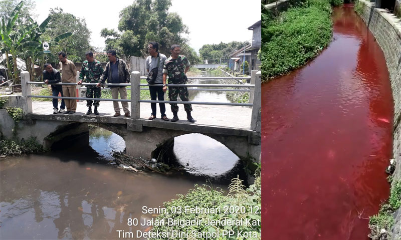 Air sungai tampak berwarna merah (foto kanan) dan kemudian kembali normal saat Tim Satpol PP melakukan penulusuran. (foto: ist)