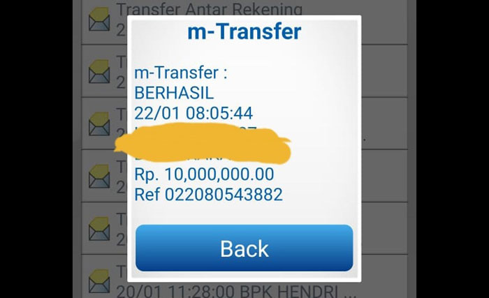 Salah satu bukti transfer "atensi keamanaan" dari pengusaha jamu kepada rekening yang diduga milik istri JD.